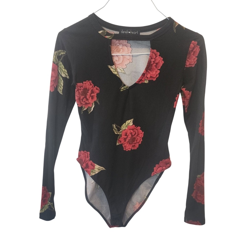 Derek Heart Floral Bodysuit Womens Small Black Red Rose Keyhole Romantic Edgy